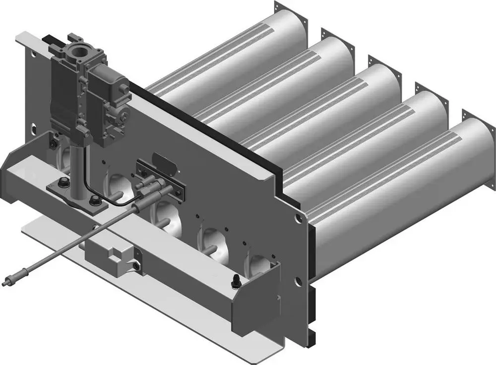 BOSCH Gasbrenner mit mehreren Rohren und einer Steuerungseinheit, platziert auf einer Grundplatte. Technische Komponenten zur Gasverbrennung sind sichtbar.